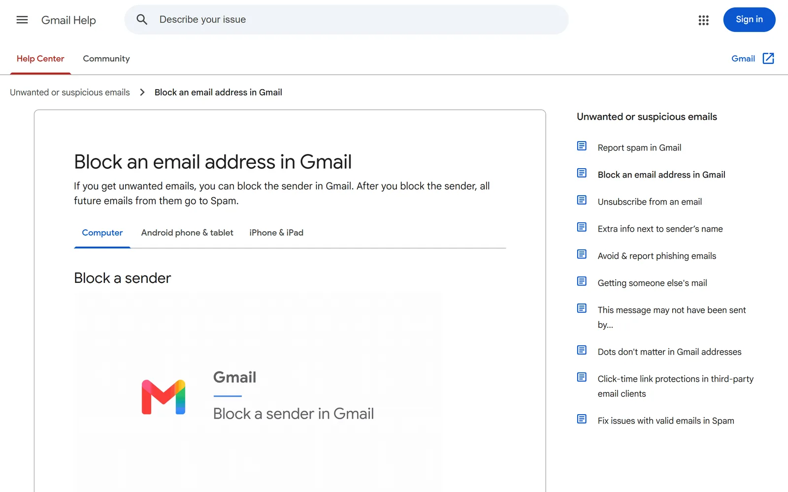 Gmail Help page Block an email address in Gmail, saying that after you block a sender all future emails from them go to Spam, with tabs for Computer, Android and iPhone