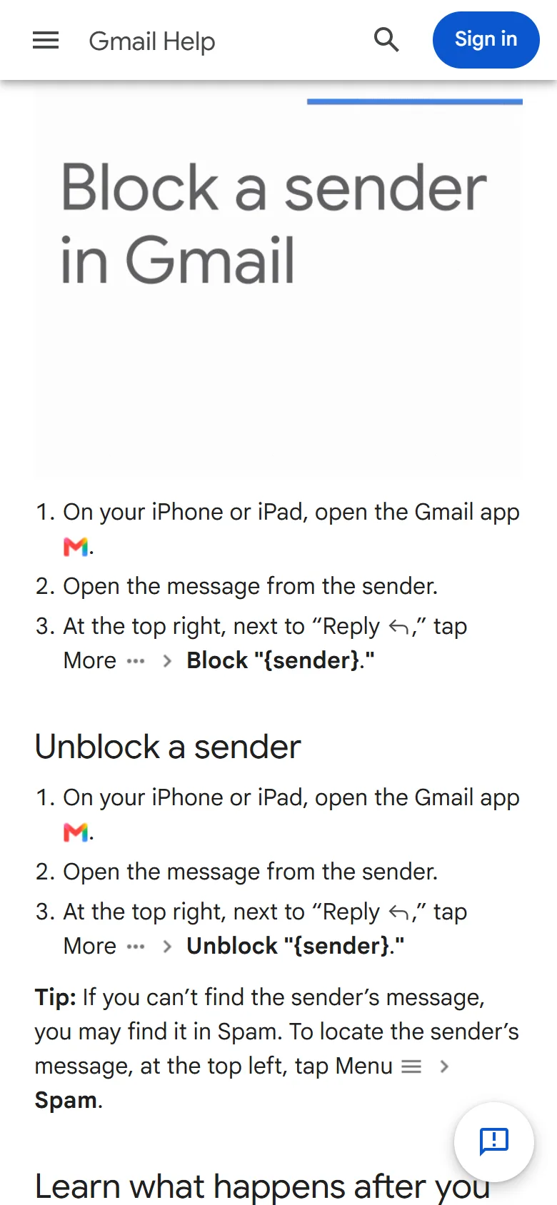 Gmail Help steps for iPhone and iPad: open the Gmail app, open the message, tap More then Block sender, and the matching Unblock steps with a tip to look in Spam