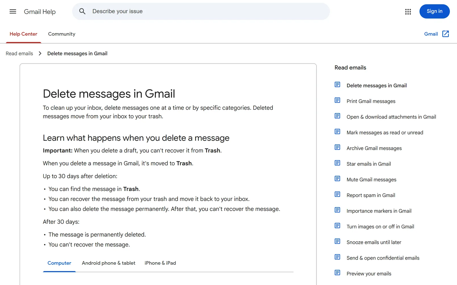 Gmail Help page Delete messages in Gmail, explaining that deleted messages stay in Trash for 30 days before they are permanently deleted
