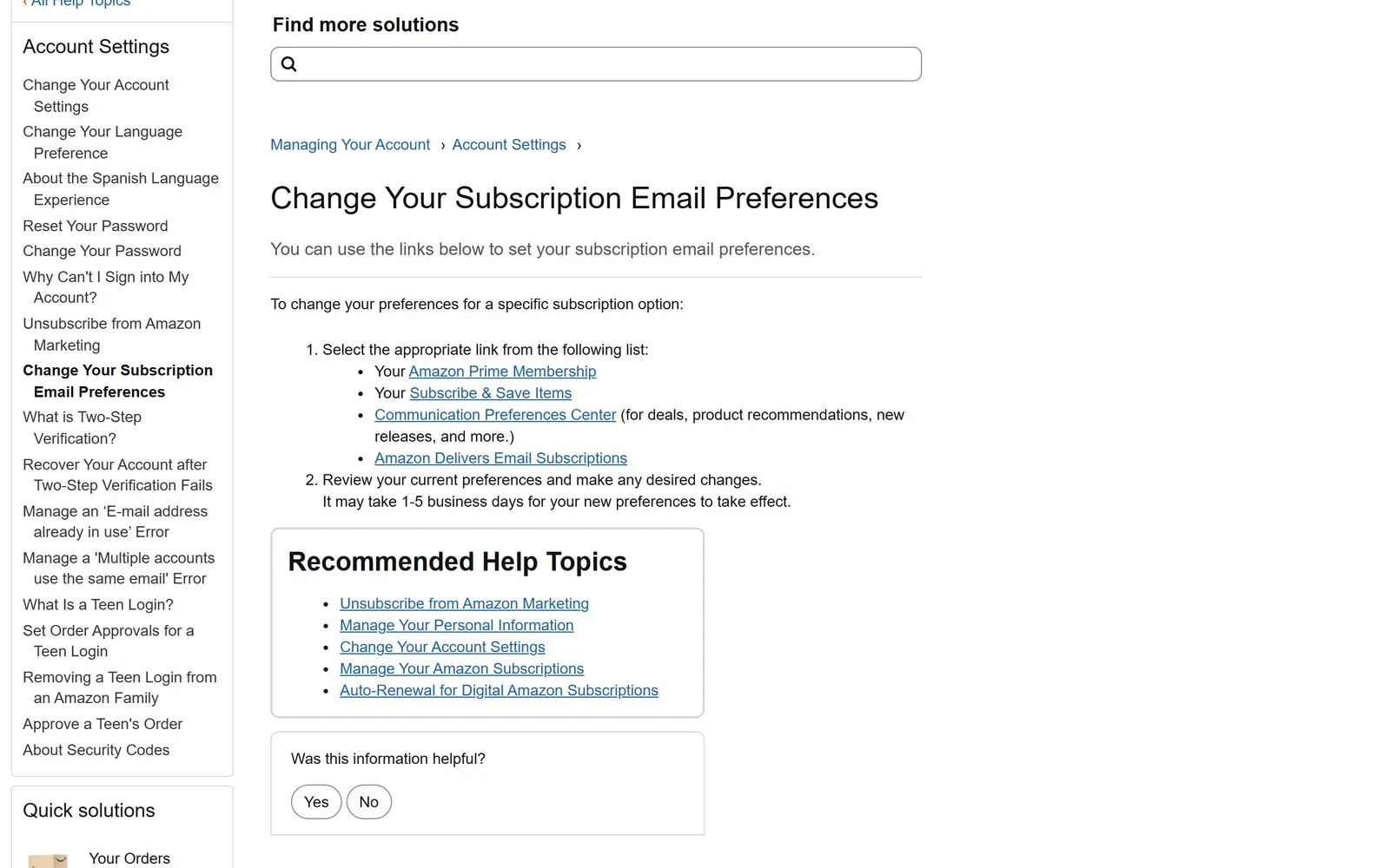 Amazon's help page Change Your Subscription Email Preferences, linking to Amazon Prime Membership, Subscribe and Save Items, the Communication Preferences Center and Amazon Delivers Email Subscriptions, with a line saying new preferences may take 1 to 5 business days to take effect