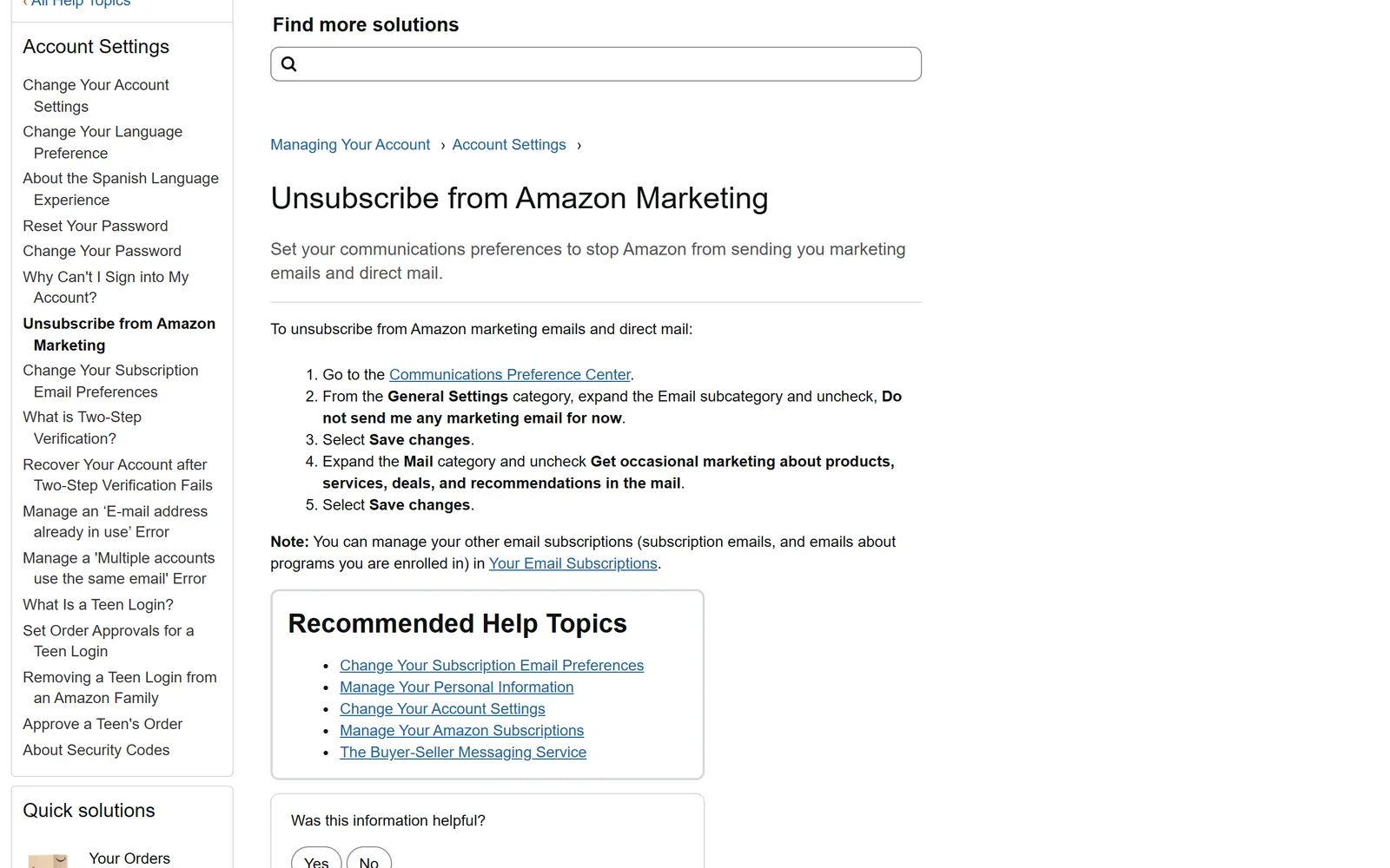 Amazon's help page Unsubscribe from Amazon Marketing, listing five steps: go to the Communications Preference Center, the Email option under General Settings, Save changes, the marketing option under Mail, and Save changes, with a note pointing to Your Email Subscriptions for other emails
