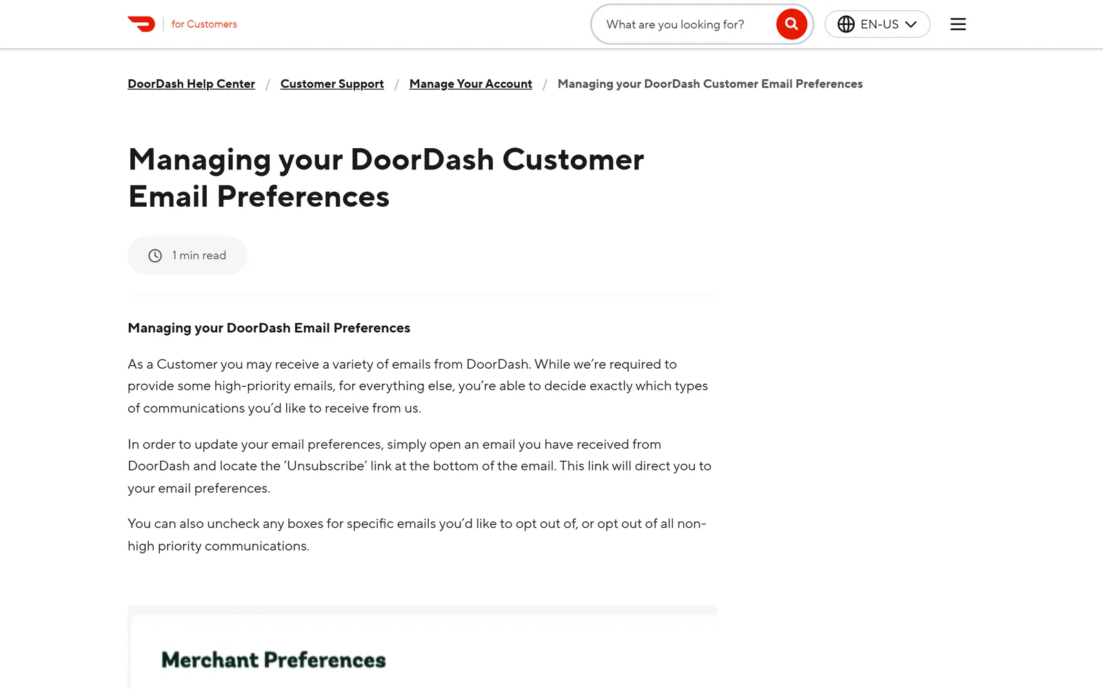 DoorDash's help center entry Managing your DoorDash Customer Email Preferences, explaining that some high-priority emails are required and that the Unsubscribe link at the bottom of any DoorDash email opens your email preferences