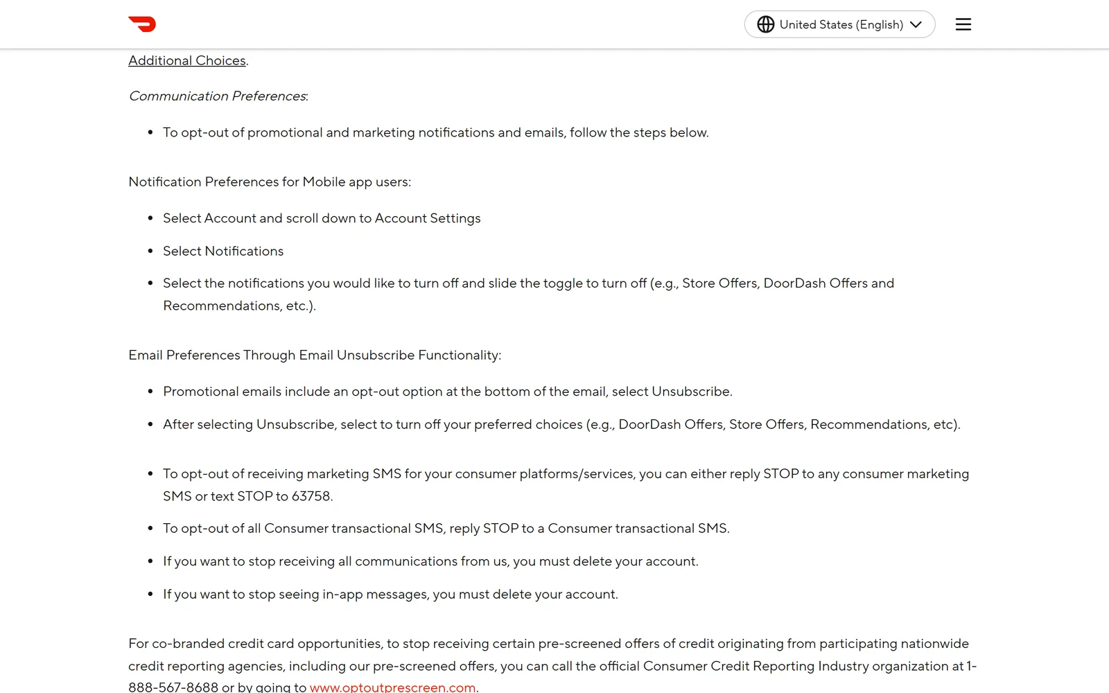 The Communication Preferences part of DoorDash's Consumer Privacy Policy: the app path through Account, Account Settings and Notifications, the email Unsubscribe route with DoorDash Offers, Store Offers and Recommendations, STOP to 63758 for marketing texts, and a note that stopping all communications means deleting your account