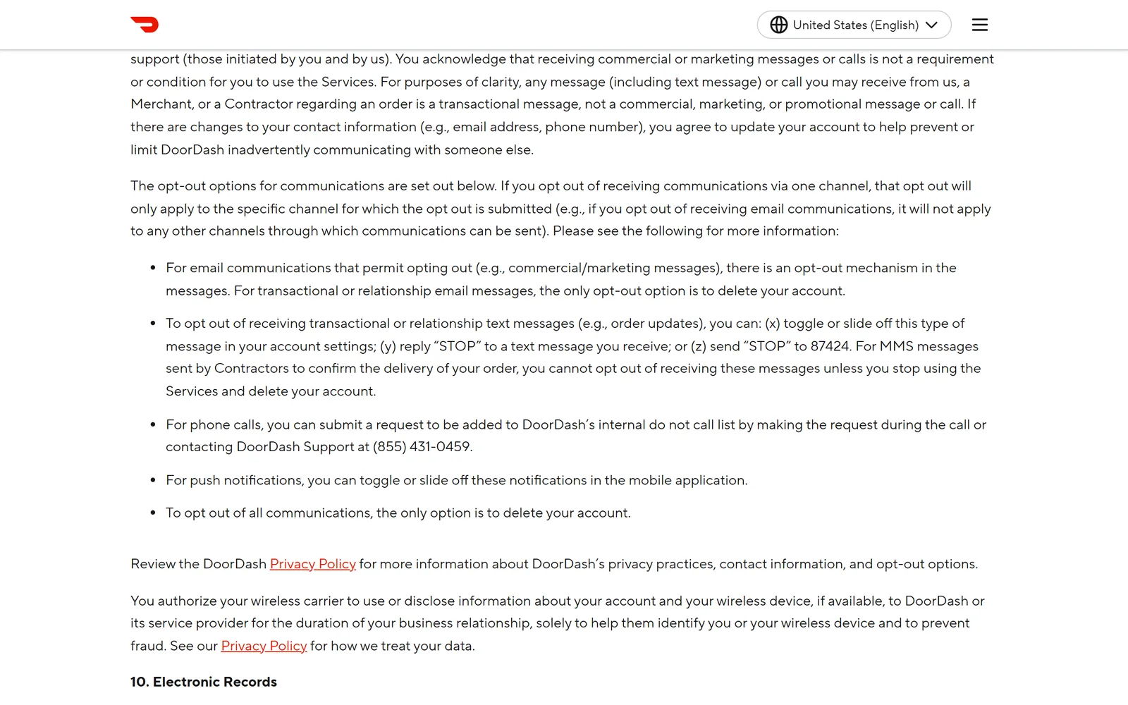 Section 9 of DoorDash's Consumer Terms, saying an opt-out applies only to the channel it was submitted for, that marketing email carries an opt-out in the message, and that the only way to opt out of transactional or relationship email is to delete your account