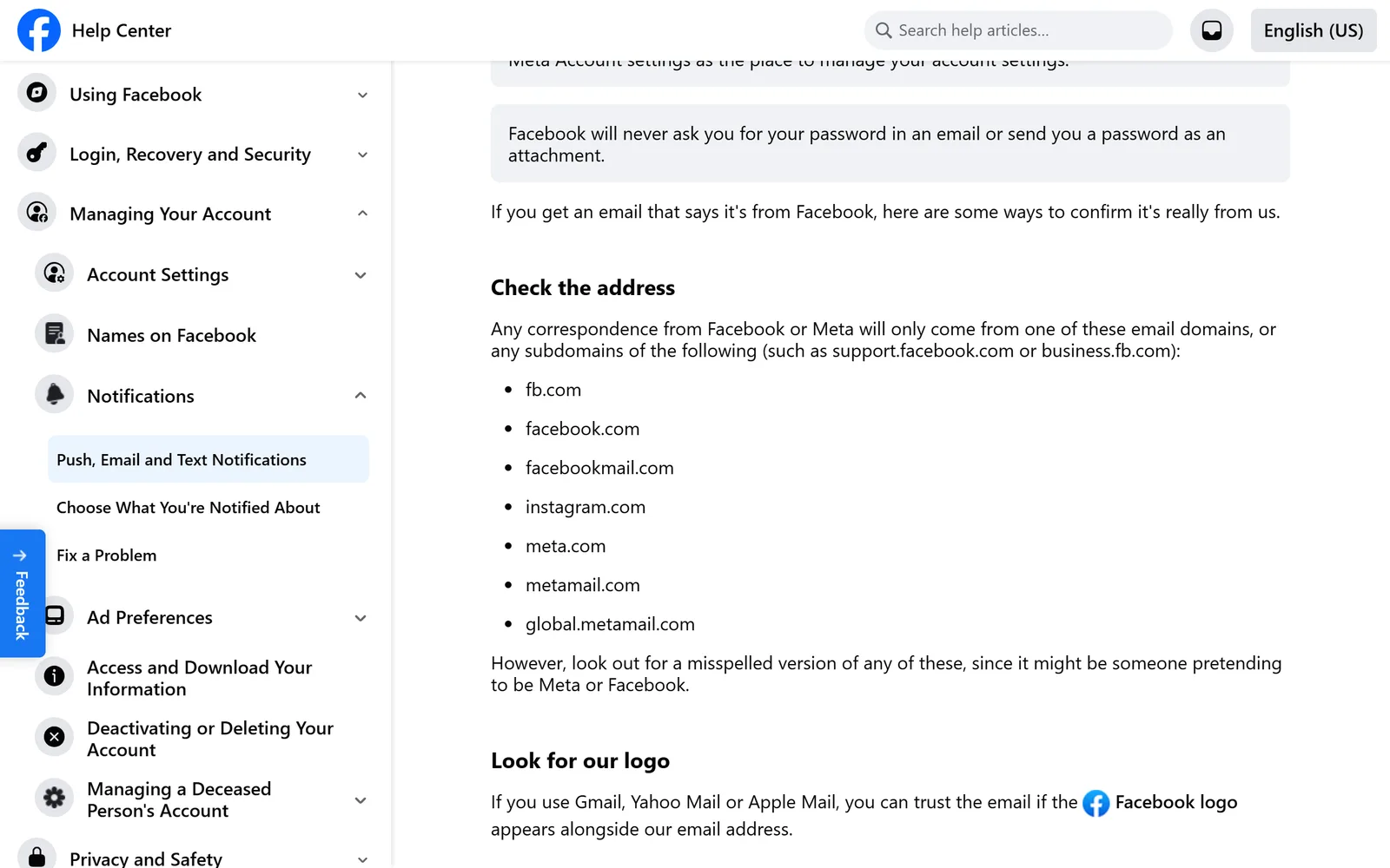 Facebook Help Center section Check the address, listing the domains Facebook and Meta email comes from: fb.com, facebook.com, facebookmail.com, instagram.com, meta.com, metamail.com and global.metamail.com