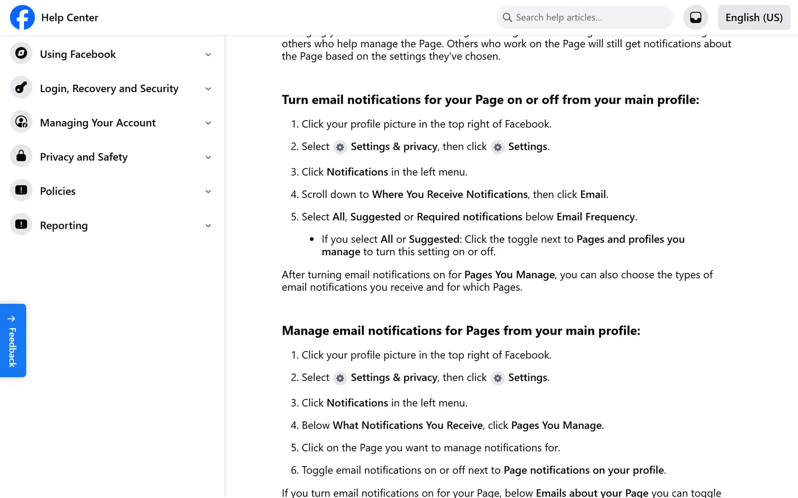 Facebook Help Center steps that go to Where You Receive Notifications, then Email, and select All, Suggested or Required notifications below Email Frequency