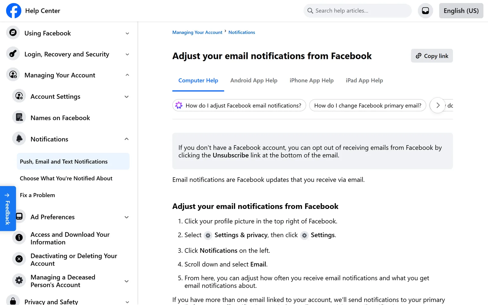 Facebook Help Center article Adjust your email notifications from Facebook, with the computer steps: profile picture, Settings and privacy, Settings, Notifications, then Email