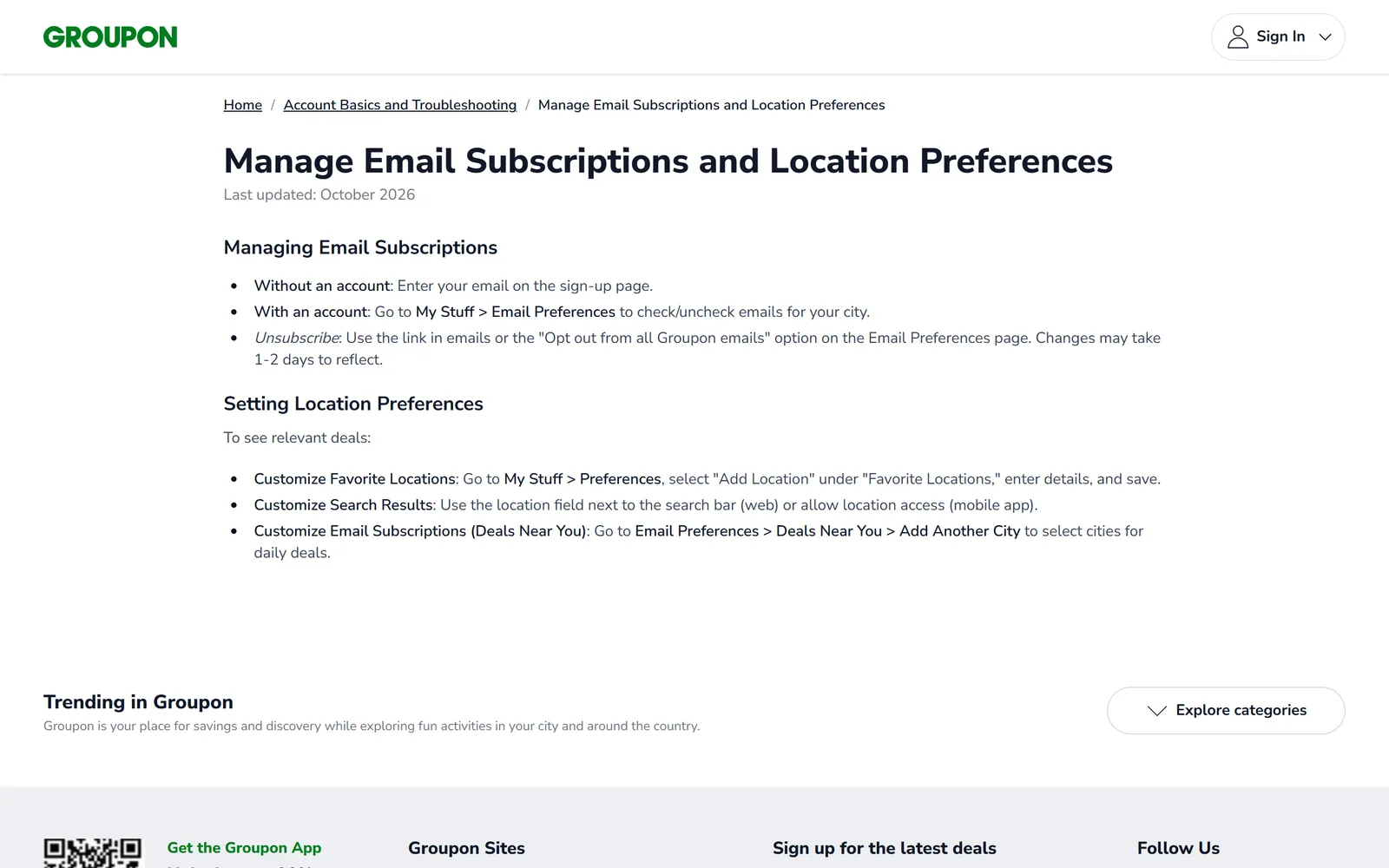 Groupon's help article Manage Email Subscriptions and Location Preferences, listing My Stuff then Email Preferences for account holders, the Opt out from all Groupon emails option with a note that changes may take 1-2 days, and the Deals Near You path for adding cities