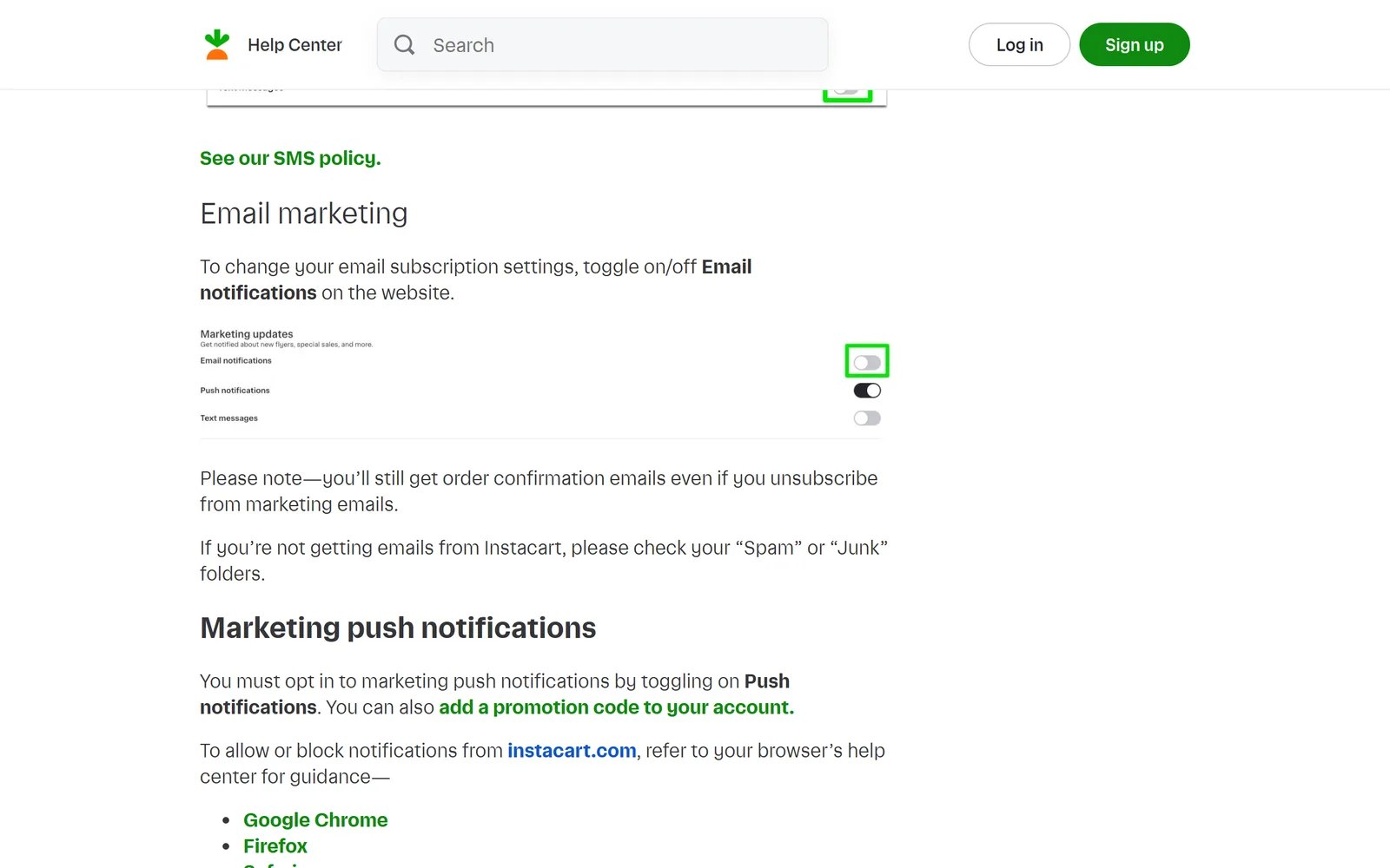 The Email marketing part of Instacart's help page, telling you to toggle Email notifications on or off on the website, a picture of the Marketing updates switches for email, push and text, and a note that order confirmation emails still arrive after you unsubscribe