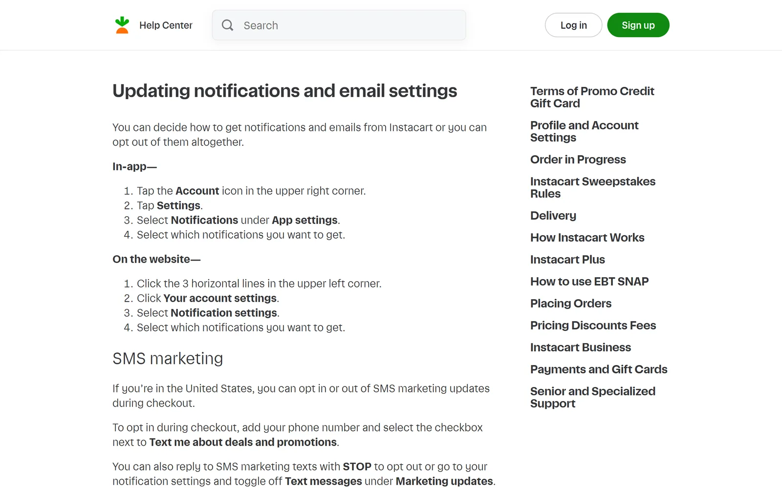Instacart's help center page Updating notifications and email settings, with the in-app steps (Account icon, Settings, Notifications under App settings) and the website steps (the three-line menu, Your account settings, Notification settings)