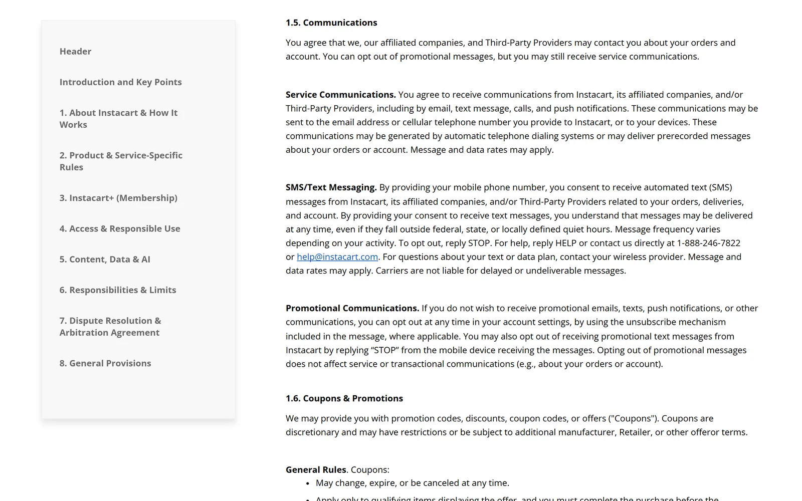 Section 1.5 Communications of Instacart's Terms, covering service communications, SMS consent with a STOP reply, and promotional communications you can opt out of in account settings or through the unsubscribe mechanism in the message
