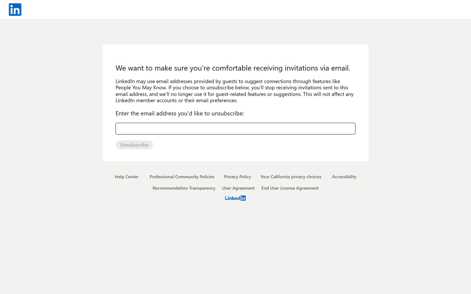 LinkedIn's guest unsubscribe page, with a box to enter the email address that should stop getting invitations and an Unsubscribe button