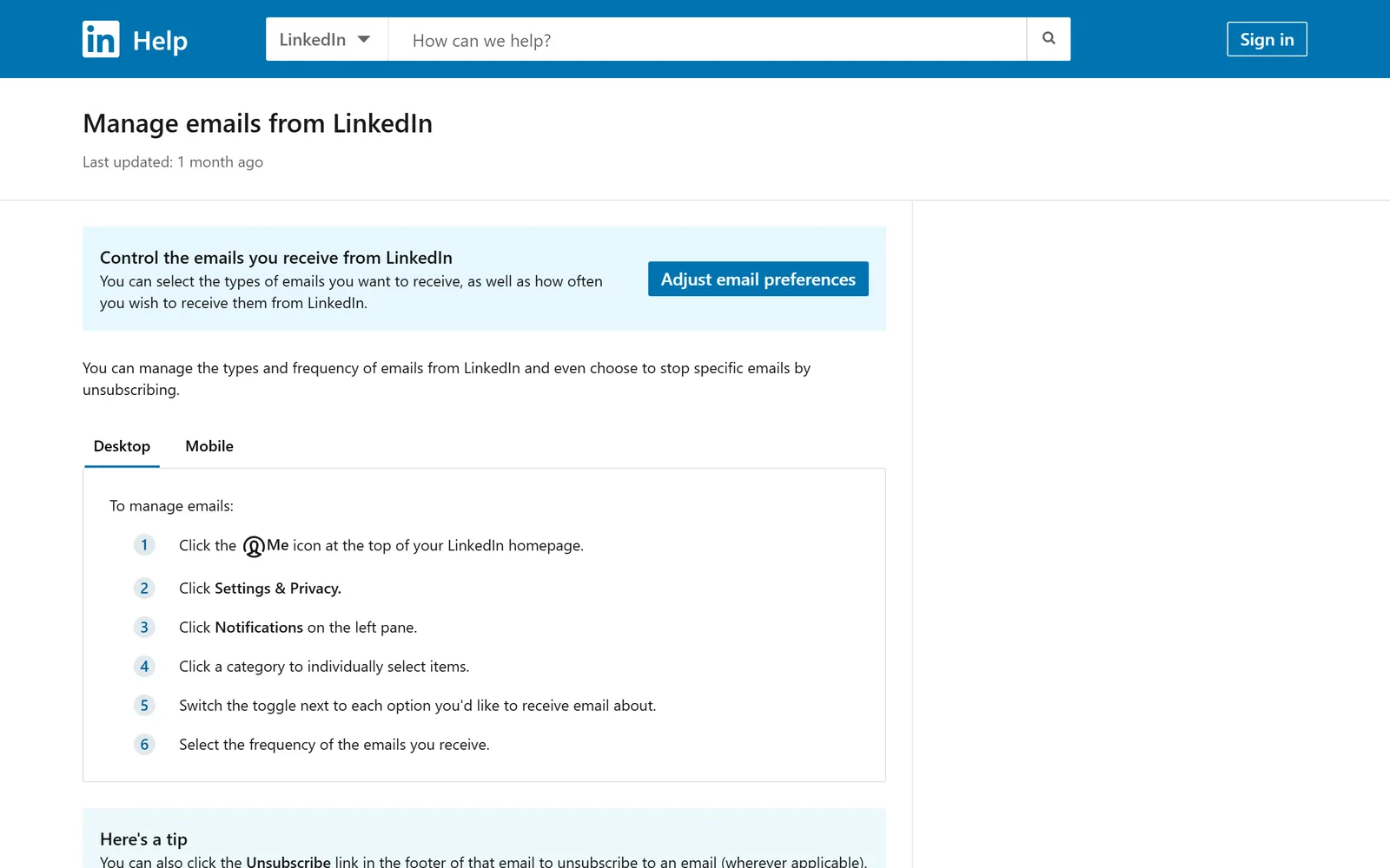 LinkedIn Help page Manage emails from LinkedIn, listing six desktop steps: the Me icon, Settings & Privacy, Notifications, a category, the email toggles and the email frequency