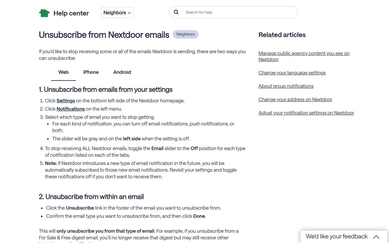 Nextdoor Help Center article Unsubscribe from Nextdoor emails, with Web, iPhone and Android tabs, steps to turn off email in Settings then Notifications, and a second section on the Unsubscribe link in an email's footer