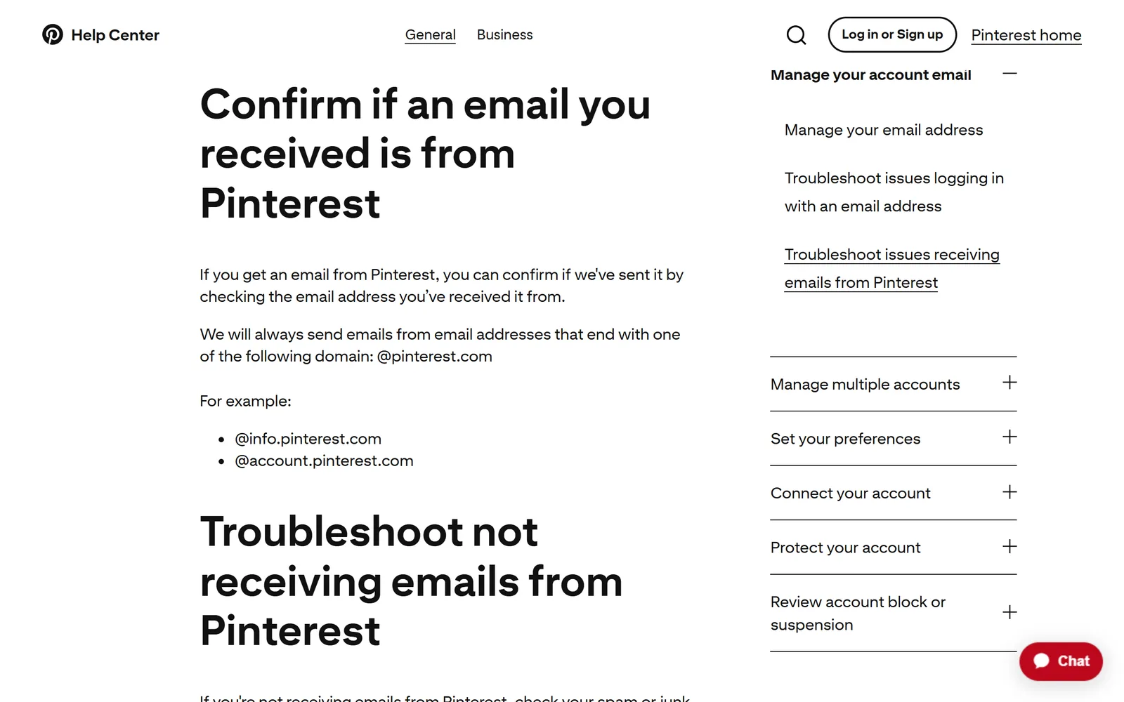 Pinterest Help Center section Confirm if an email you received is from Pinterest, saying it always sends email from addresses ending in @pinterest.com, for example @info.pinterest.com and @account.pinterest.com