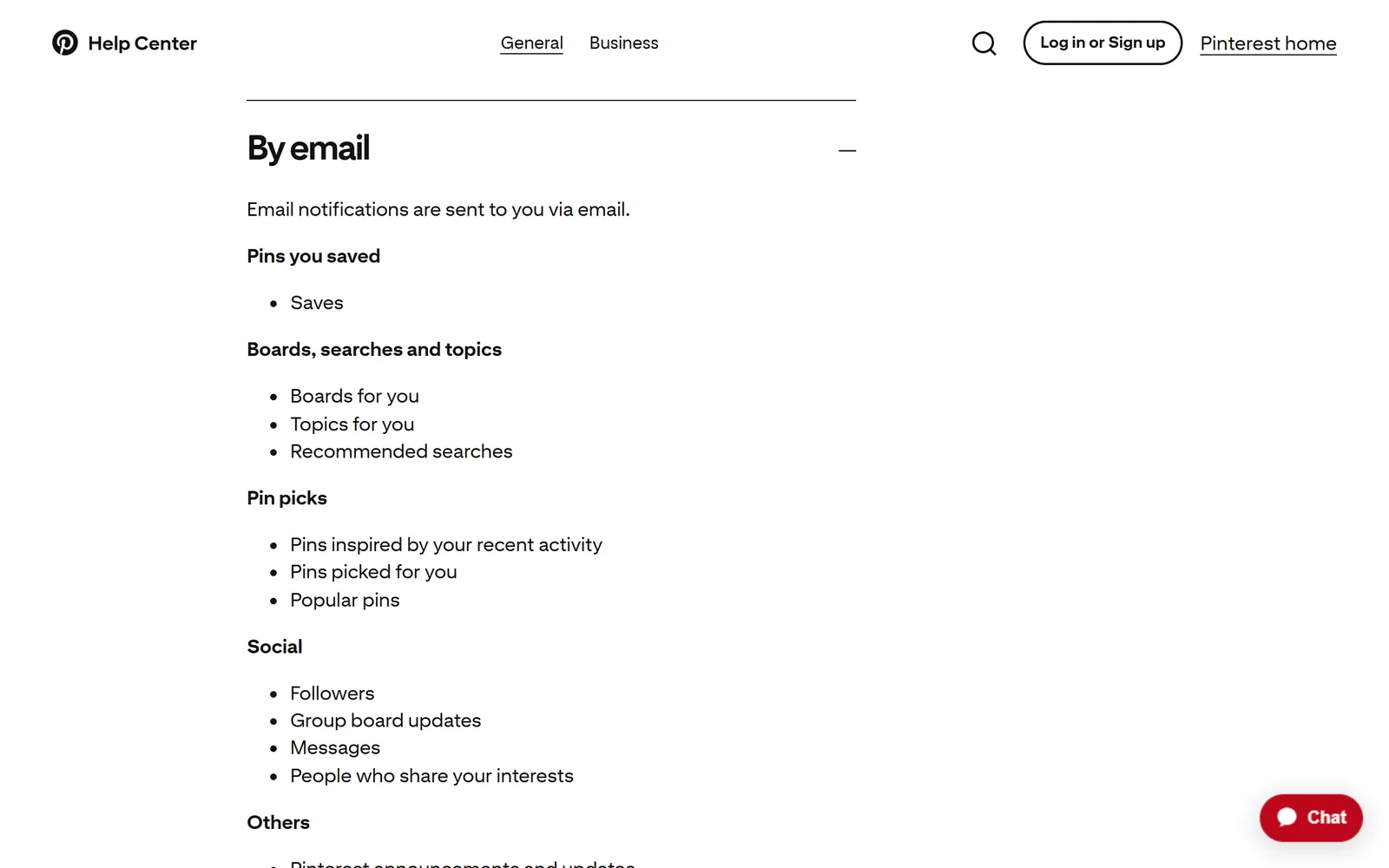 The By email section of Pinterest's notification help, listing Saves, Boards for you, Topics for you, Recommended searches, Pins inspired by your recent activity, Pins picked for you, Popular pins, Followers, Group board updates, Messages and People who share your interests