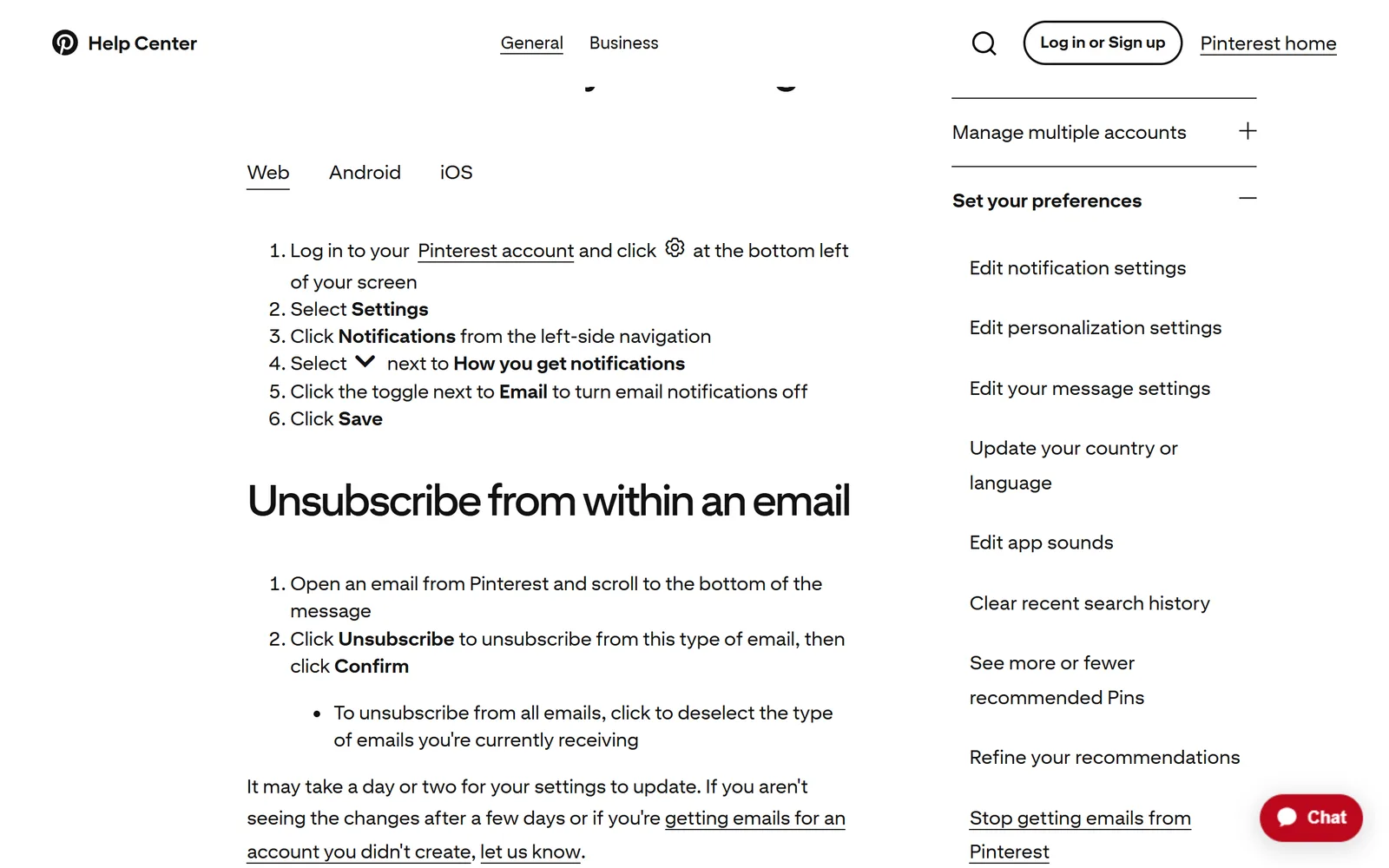 Pinterest Help Center steps for the web: gear icon at the bottom left, Settings, Notifications, the arrow next to How you get notifications, the Email toggle, Save. Below them, the steps to unsubscribe from within an email and a note that settings may take a day or two to update
