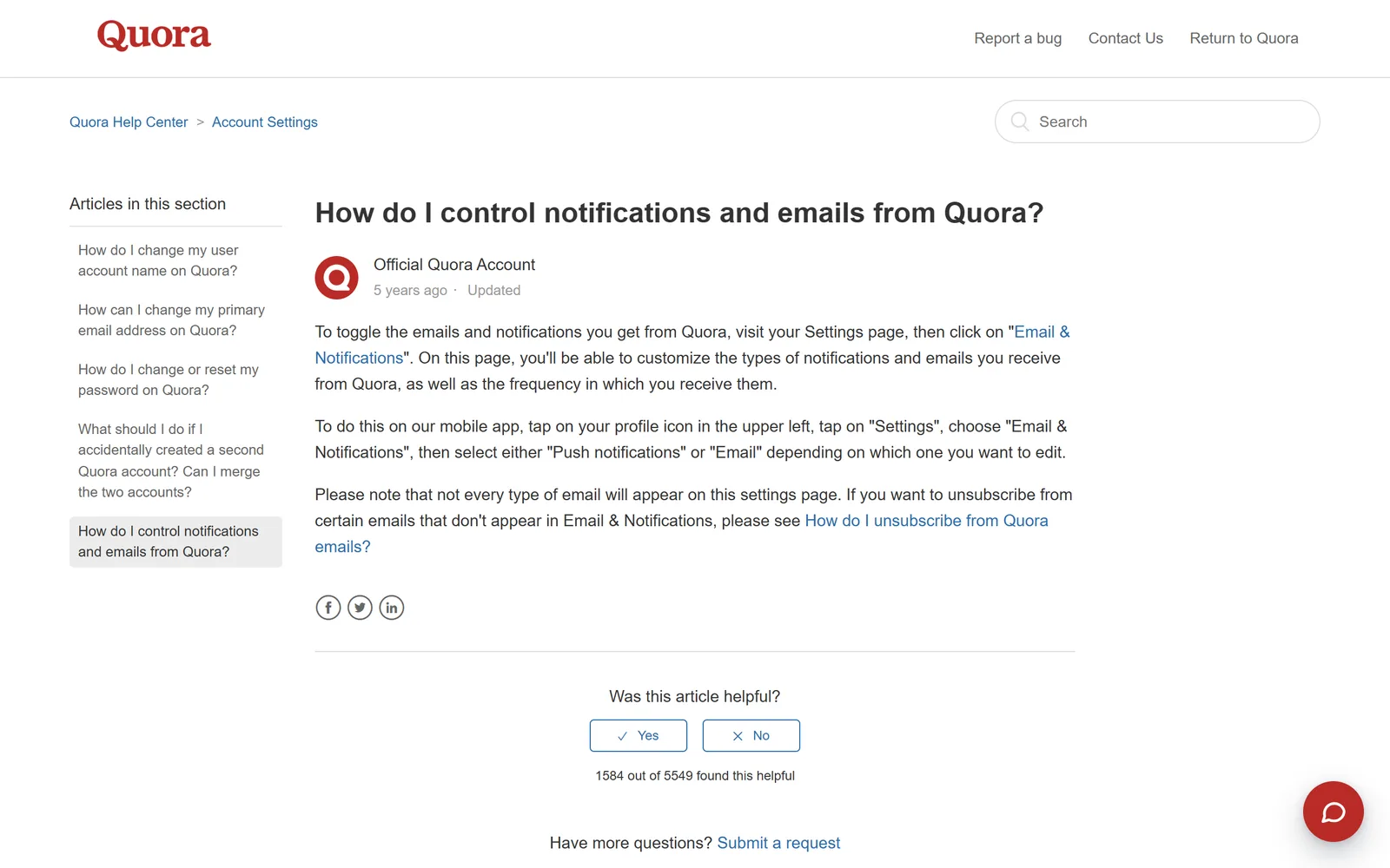 Quora Help Center article How do I control notifications and emails from Quora, giving the Settings and Email and Notifications path on the web, the profile icon, Settings, Email and Notifications path in the mobile app, and a note that not every type of email appears on the settings page