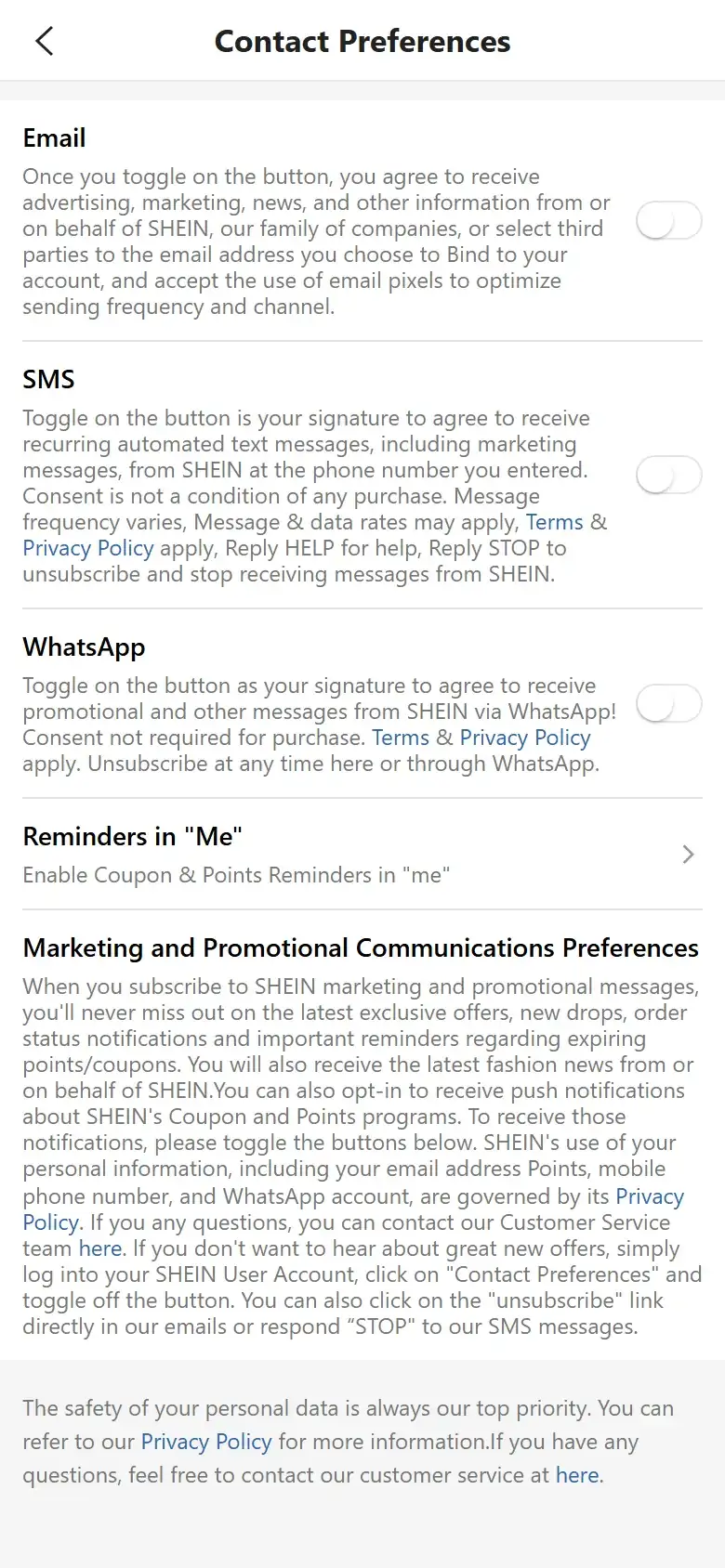 Shein's Contact Preferences page on a phone, with separate switches for Email, SMS and WhatsApp, a Reminders in Me link, and a note on how to turn marketing off