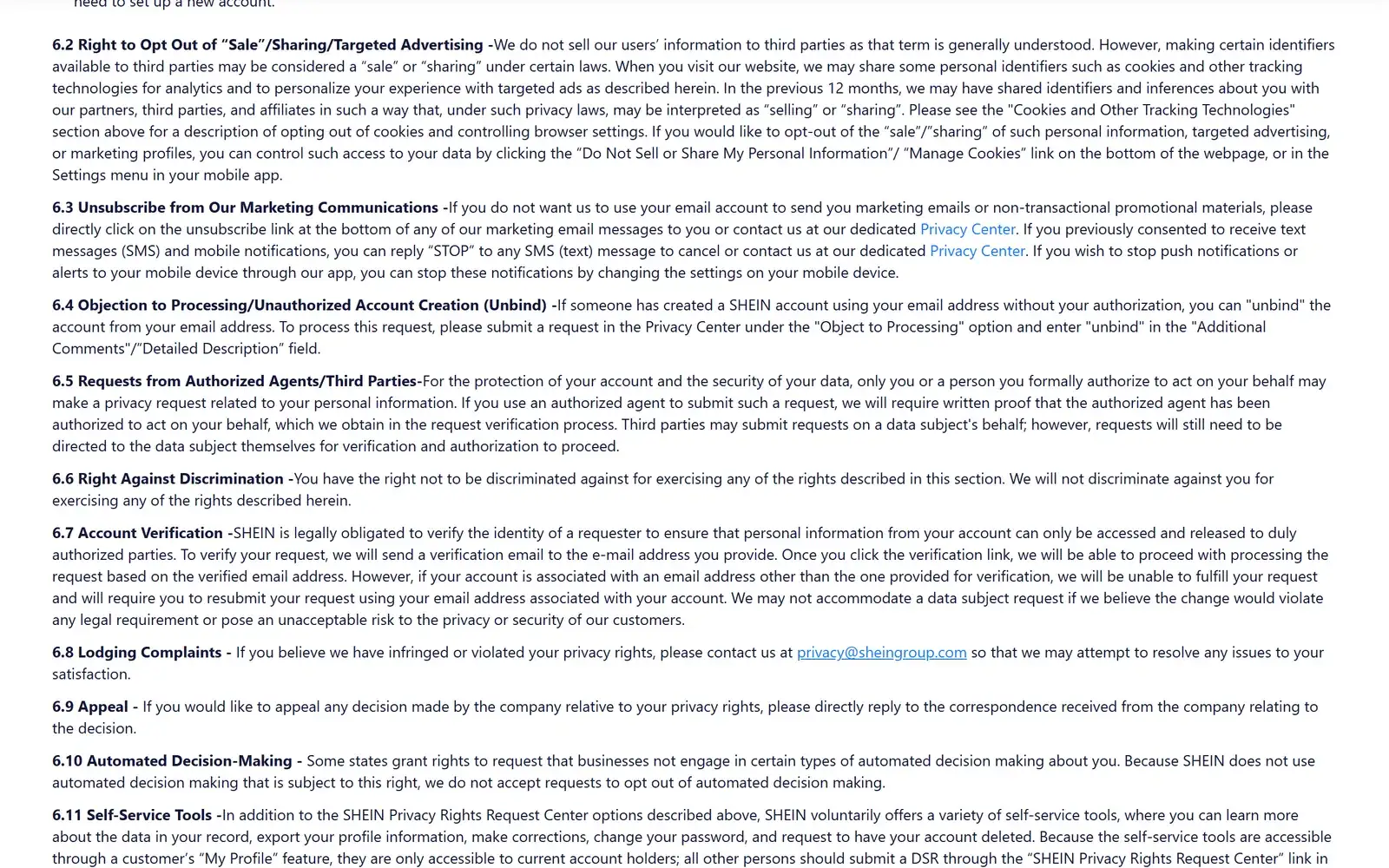 Section 6.3 of Shein's US privacy notice, Unsubscribe from Our Marketing Communications, pointing to the unsubscribe link at the bottom of marketing emails, a STOP reply for texts and phone settings for push notifications