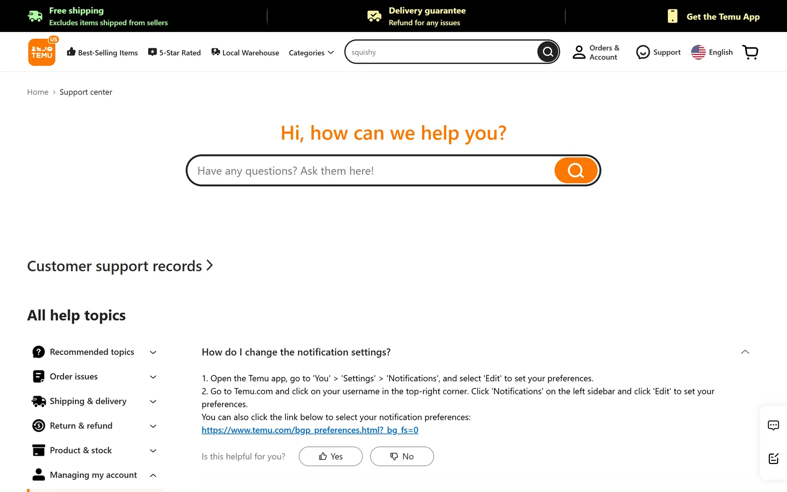Temu's support center entry How do I change the notification settings, listing the app path You, Settings, Notifications, Edit, the temu.com path through your username and the Notifications sidebar, and a direct link to the preferences page
