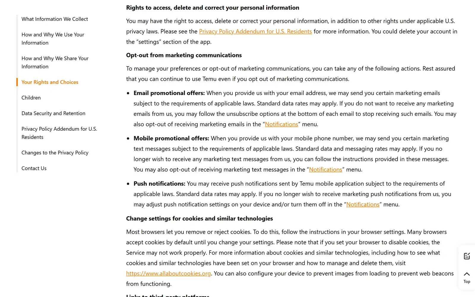 The Opt-out from marketing communications section of Temu's privacy policy, covering email promotional offers, mobile promotional offers by text and push notifications, each pointing to the Notifications menu