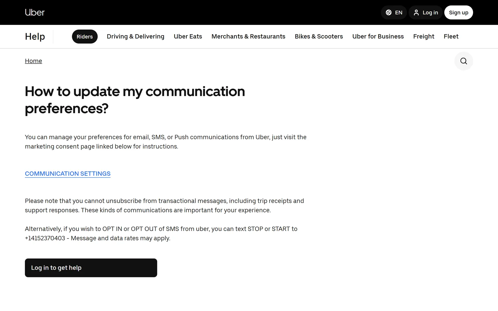 Uber's help article How to update my communication preferences, with a Communication Settings link, a note that transactional messages such as trip receipts and support responses can't be unsubscribed from, and the STOP or START number for texts