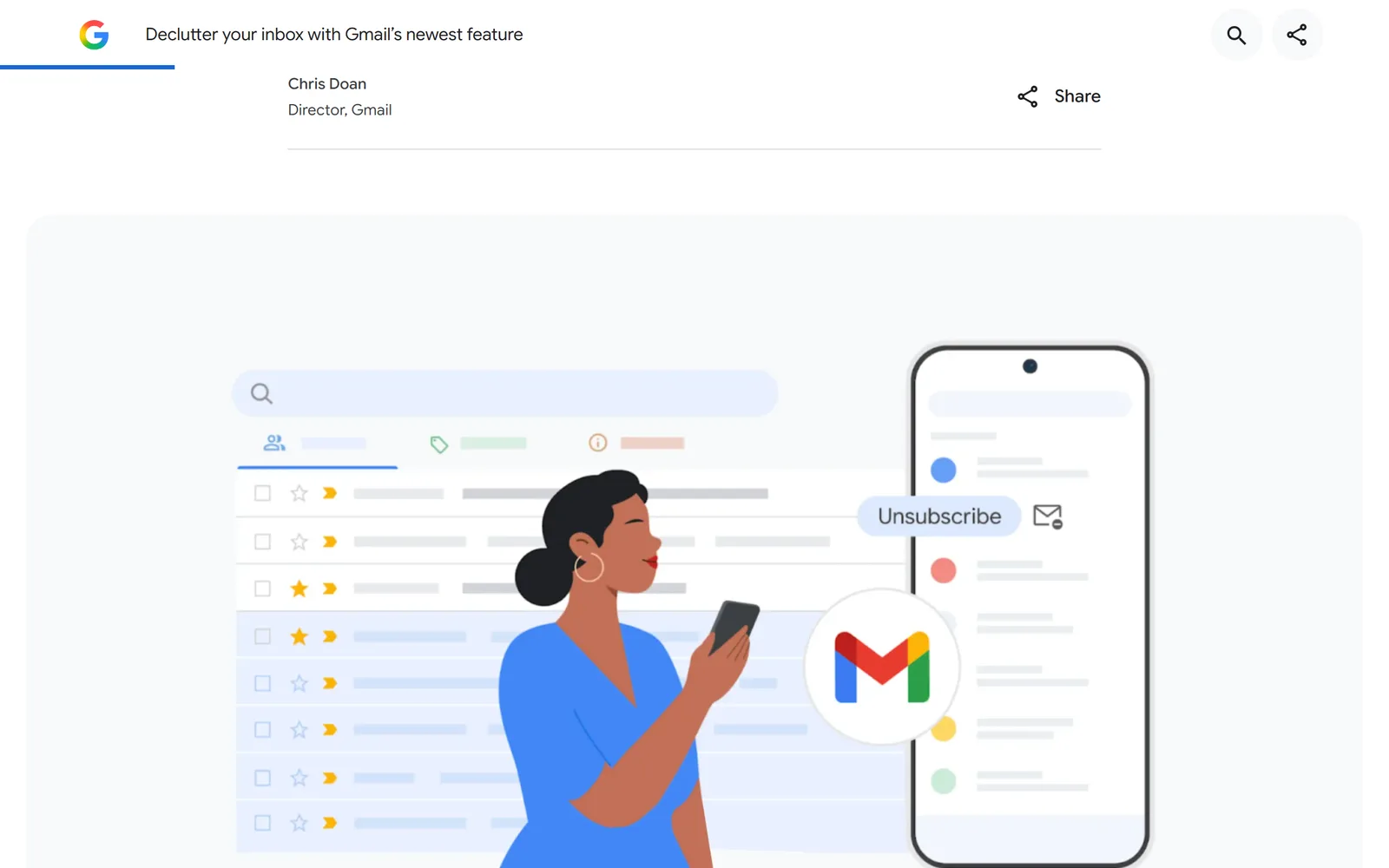 Google's announcement illustration of Manage subscriptions: a Gmail inbox and a phone showing a list of senders with an Unsubscribe button