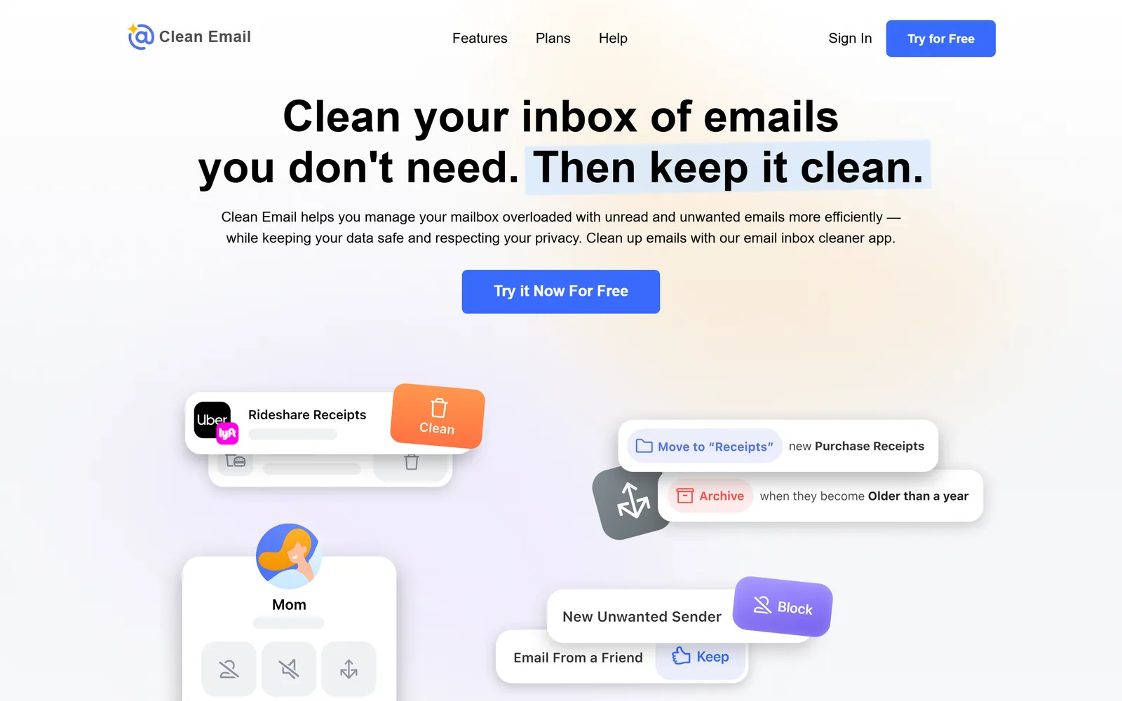 Clean Email home page with the headline Clean your inbox of emails you don't need. Then keep it clean, and a Try it Now For Free button