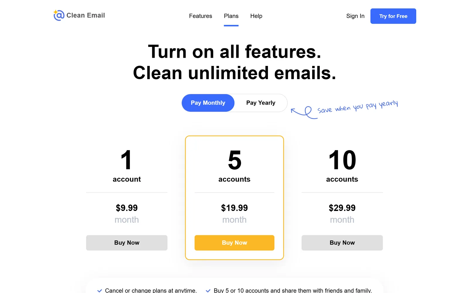 Clean Email plans page: monthly prices of $9.99 for 1 account, $19.99 for 5 accounts and $29.99 for 10 accounts