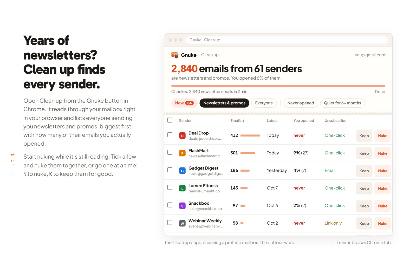Gnuke's Clean up page listing senders by email count, with Last, You opened and Unsubscribe columns and Keep and Nuke buttons on each row
