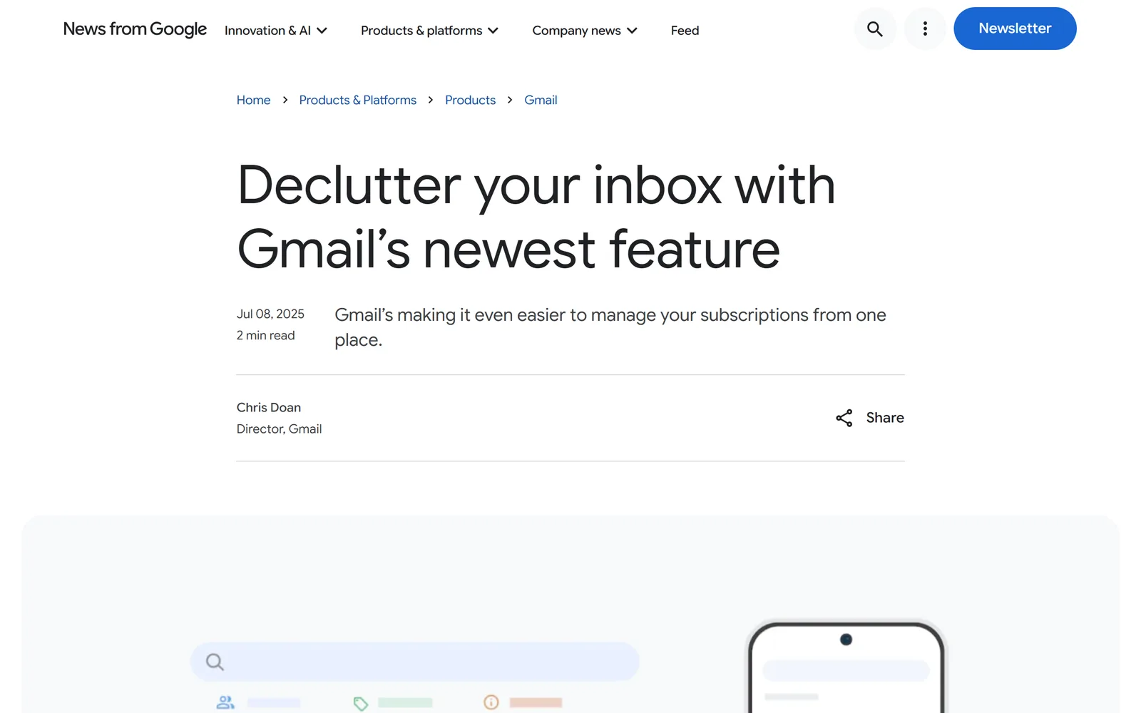Google's launch post Declutter your inbox with Gmail's newest feature, dated July 8, 2025 and written by Chris Doan, Director of Gmail