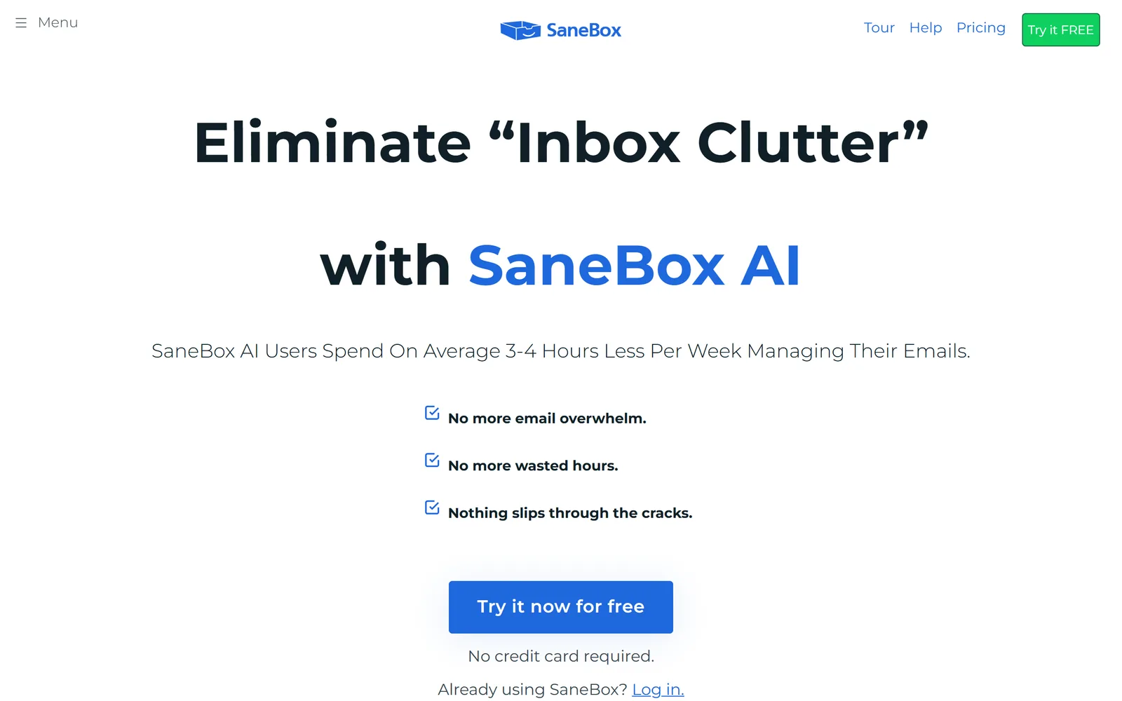 SaneBox home page with the headline Eliminate Inbox Clutter with SaneBox AI, three check marks and a Try it now for free button
