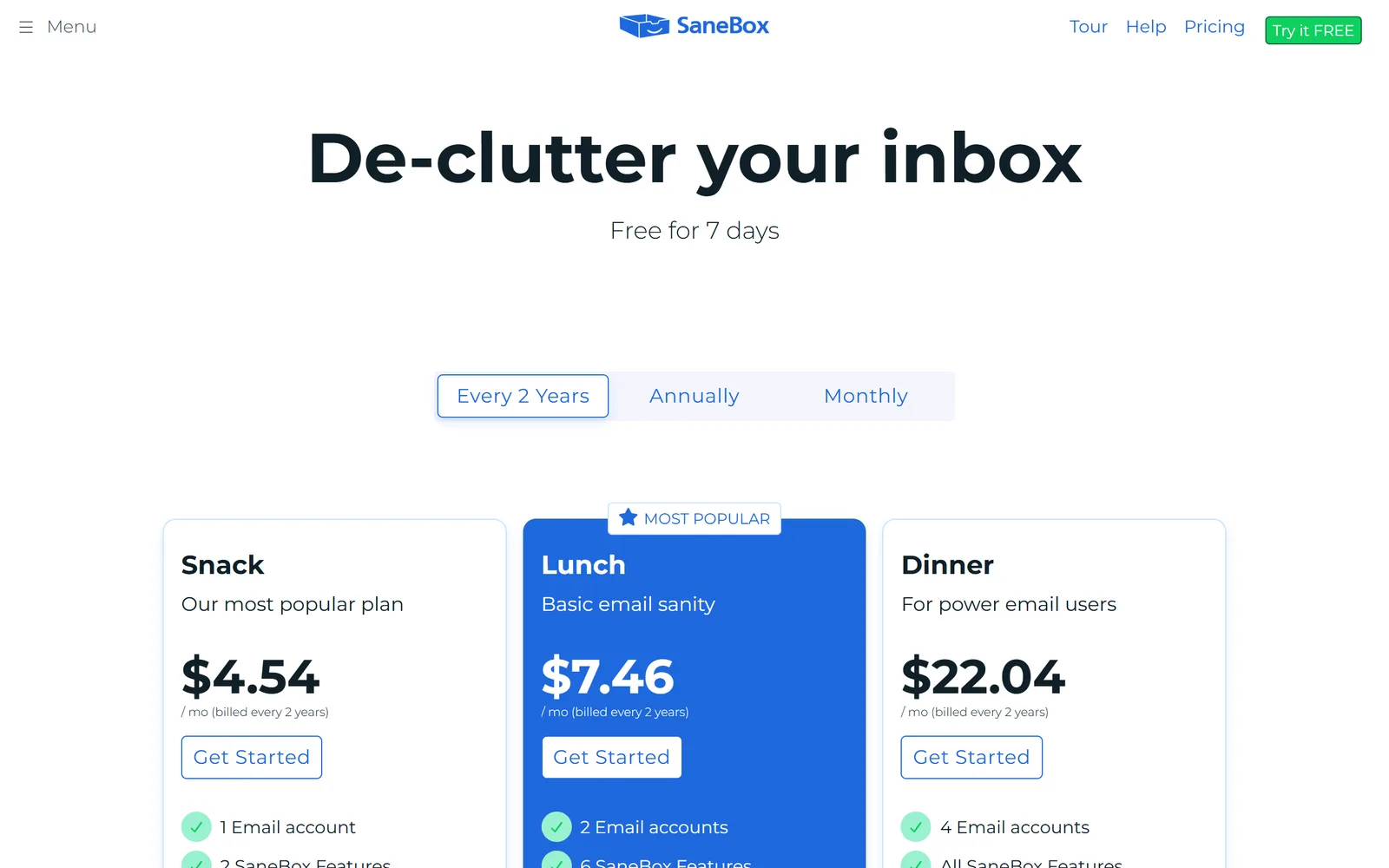 SaneBox pricing page showing the Snack, Lunch and Dinner plans at $4.54, $7.46 and $22.04 a month billed every 2 years
