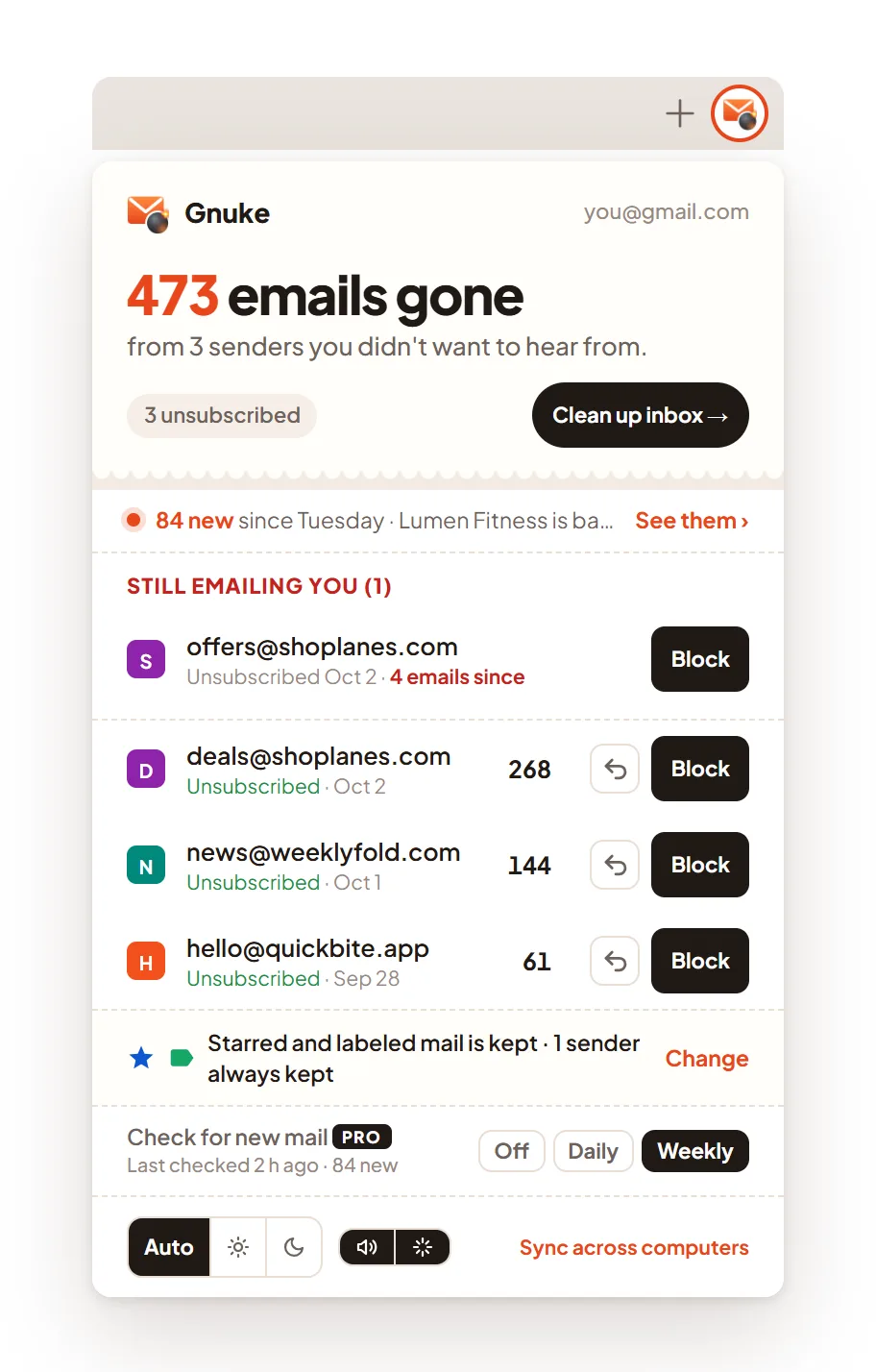 Gnuke's toolbar popup: 473 emails gone from 3 senders, a Still emailing you list with Block buttons, Undo on each sender, and new mail checks set to weekly