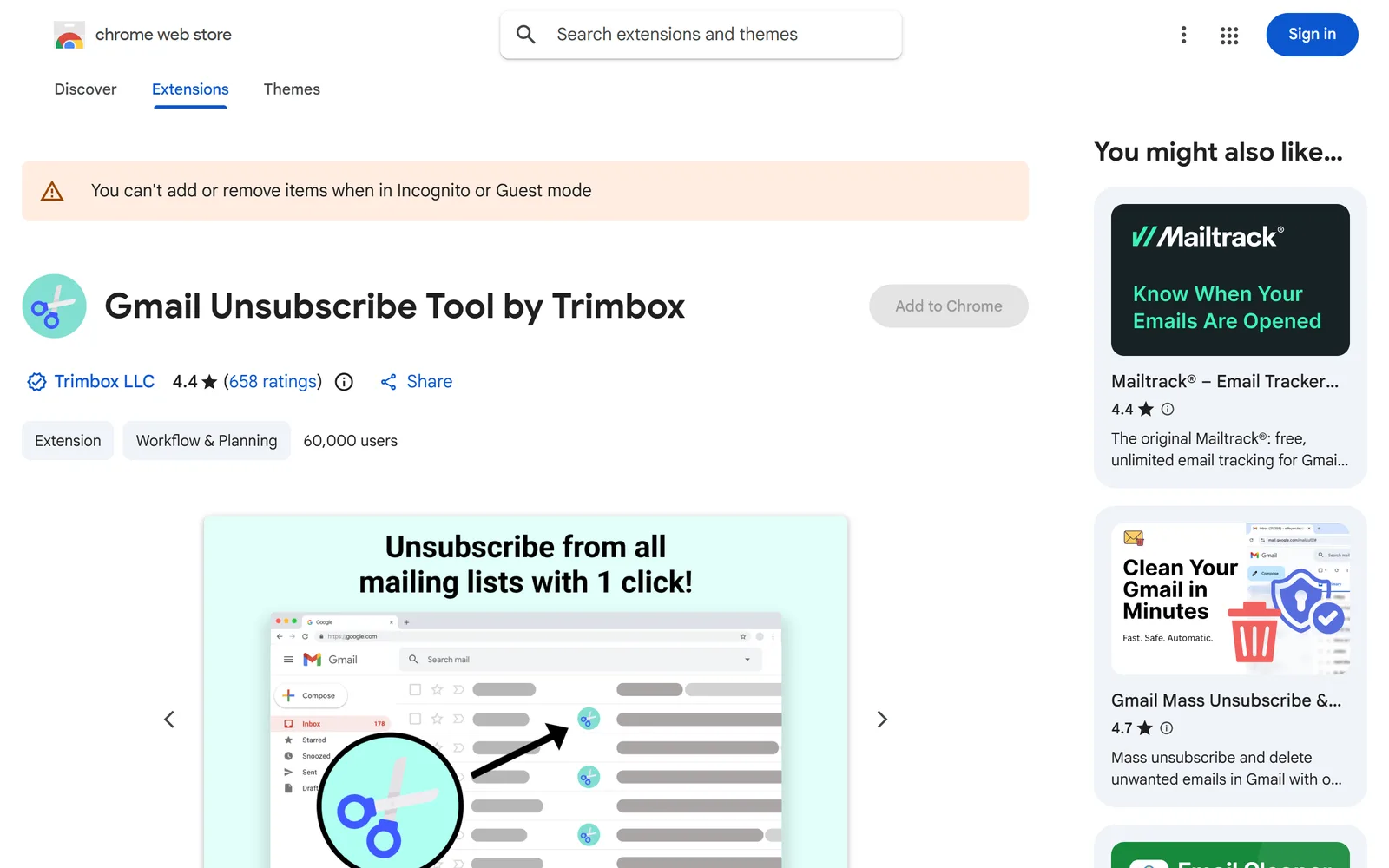 Gmail Unsubscribe Tool by Trimbox on the Chrome Web Store, rated 4.4 from 658 ratings with 60,000 users