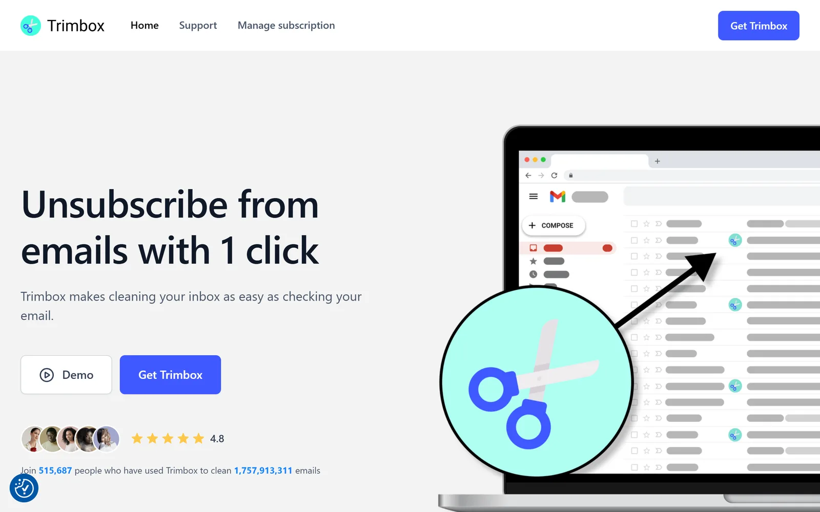 Trimbox home page with the headline Unsubscribe from emails with 1 click, a Get Trimbox button and an illustration of Gmail with scissors