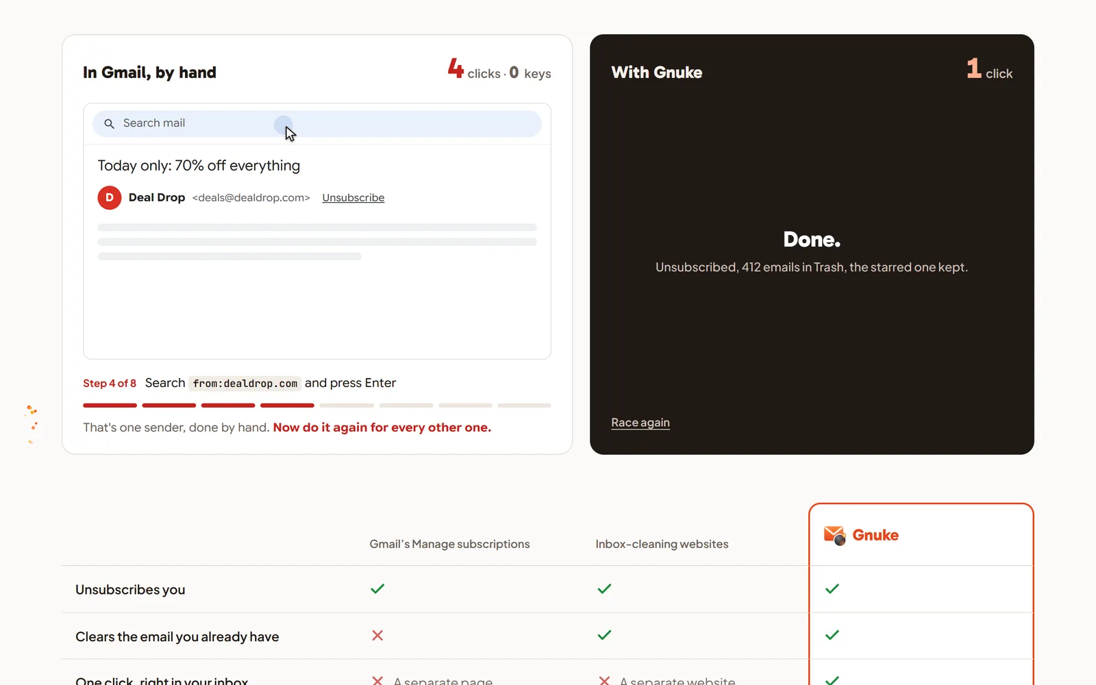 Gnuke's homepage race: clearing Deal Drop in Gmail by hand takes eight steps, while Gnuke is done in one click with 412 emails in Trash and the starred one kept
