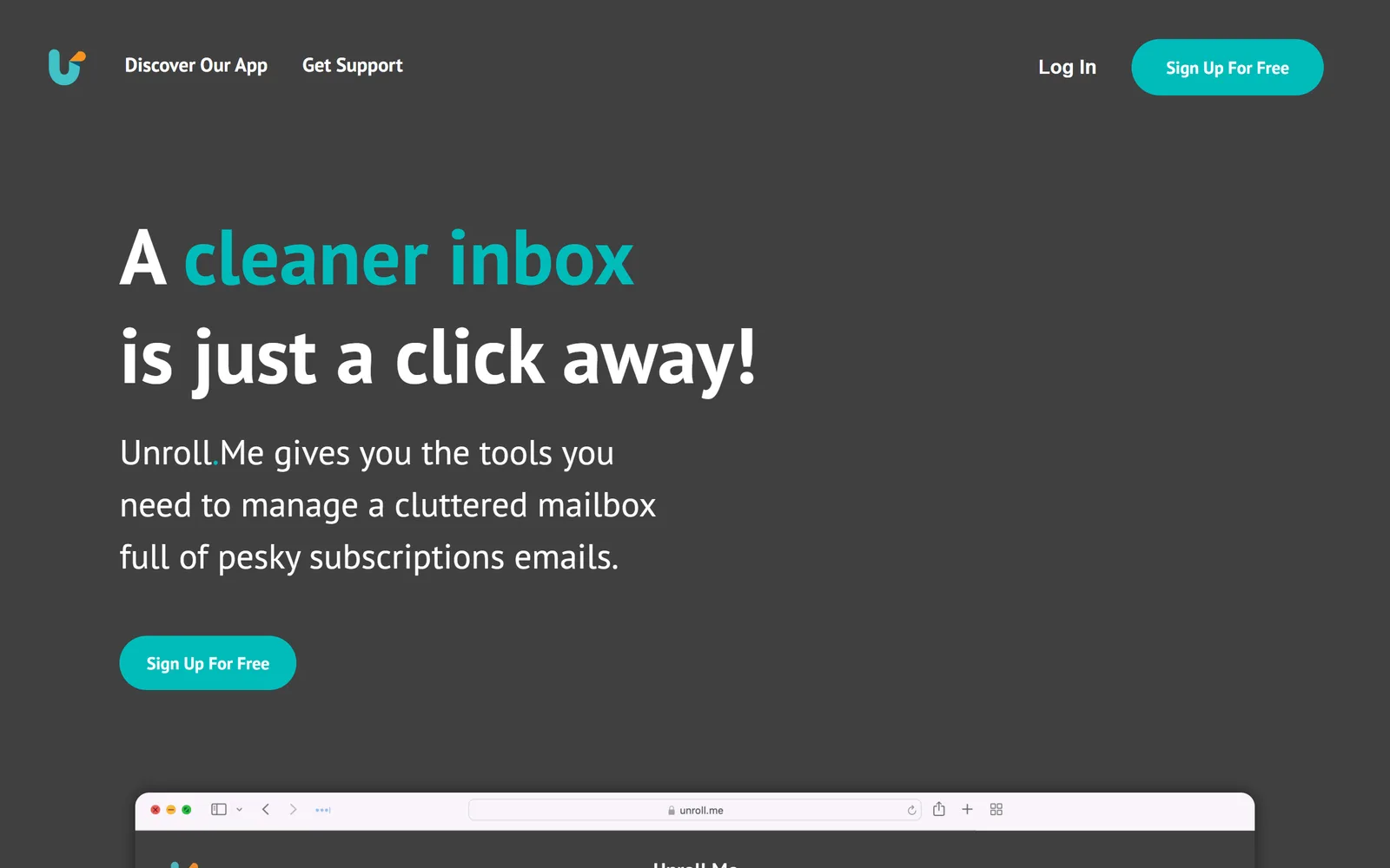 Unroll.me home page with the headline A cleaner inbox is just a click away and a Sign Up For Free button