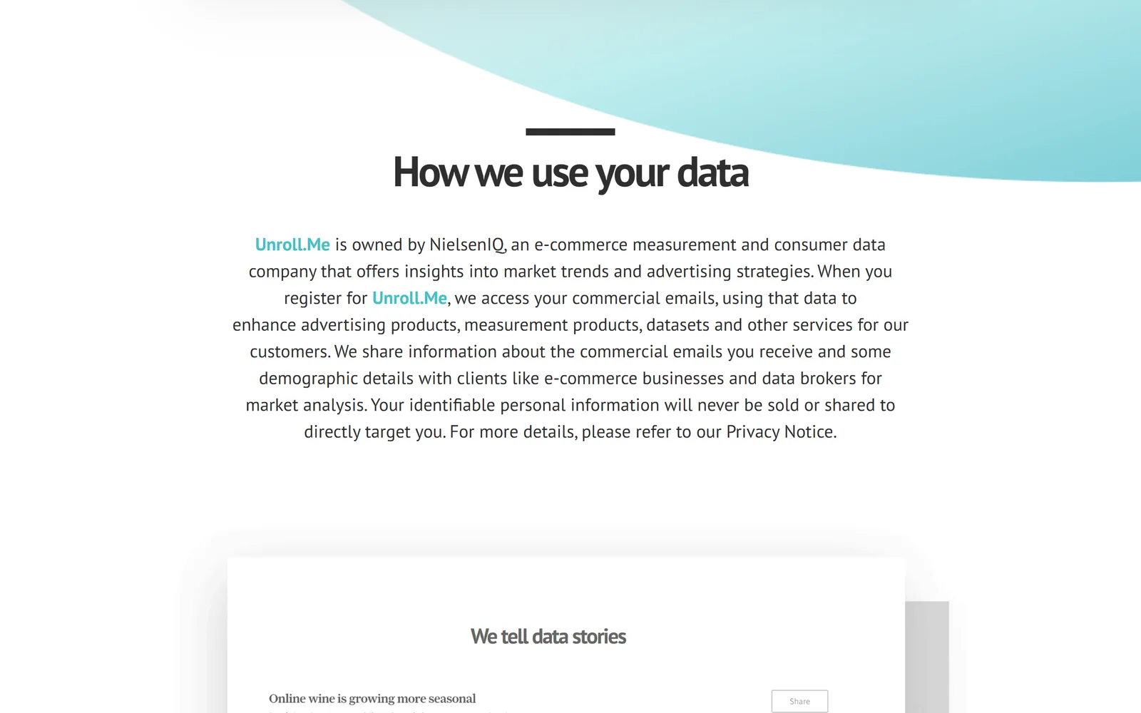 Unroll.me's How we use your data section, saying Unroll.me is owned by NielsenIQ and uses commercial emails to enhance advertising and measurement products